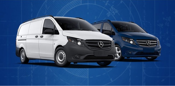 Two Metris vans arranged on a blueprint background.
