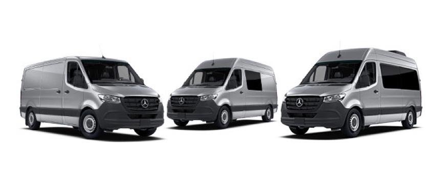 Three different models of Mercedes-Benz vans.