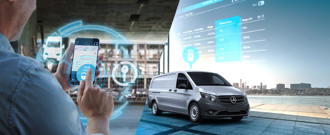 Man in office using screen to connect to van.