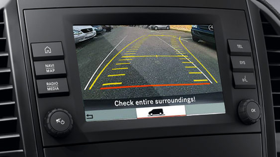 View of van dashboard using rearview camera.