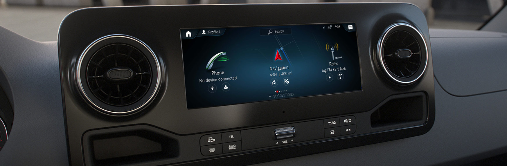Close up view of center console touchscreen display.