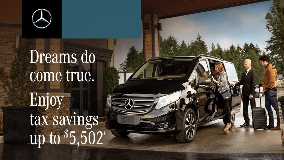 Small business owner driving Mercedes-Benz Metris Van picking up passengers.